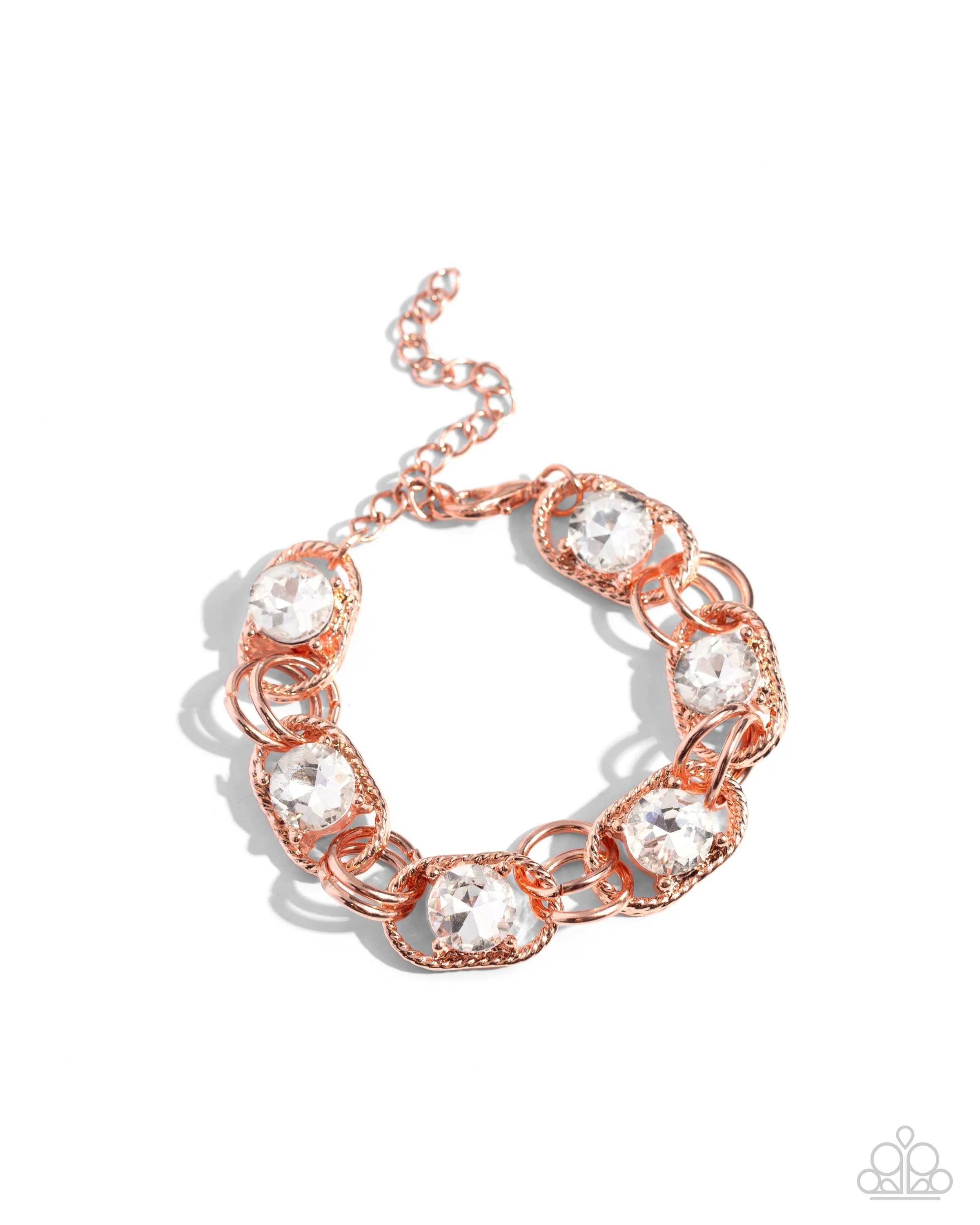 Serrated Secret - Copper - Textured Chain White Gem Paparazzi Lobster Claw Bracelet