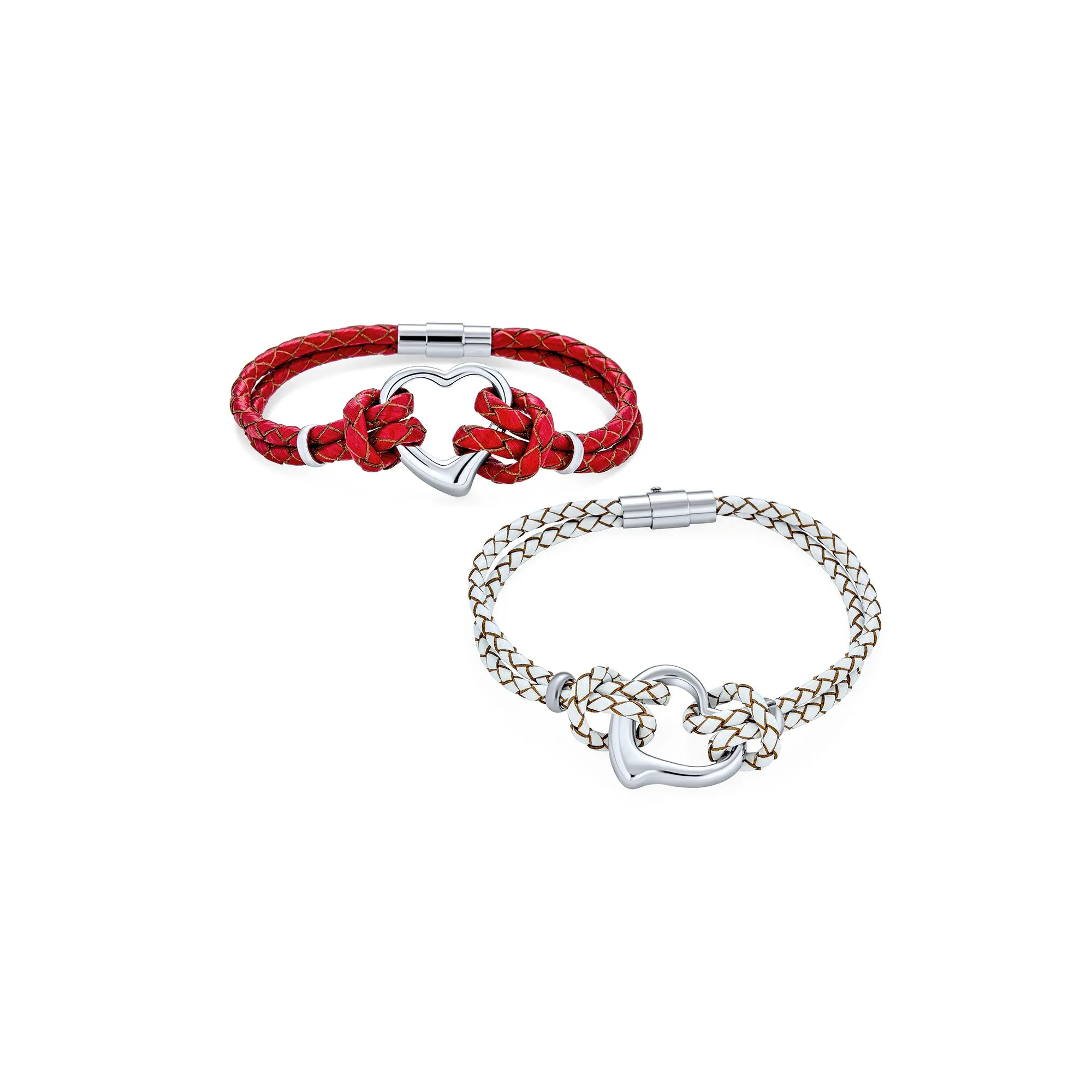 Set of 2 Red White Double Strand Braided Leather Bracelet Heart Charms Steel