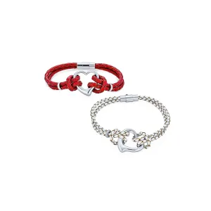 Set of 2 Red White Double Strand Braided Leather Bracelet Heart Charms Steel
