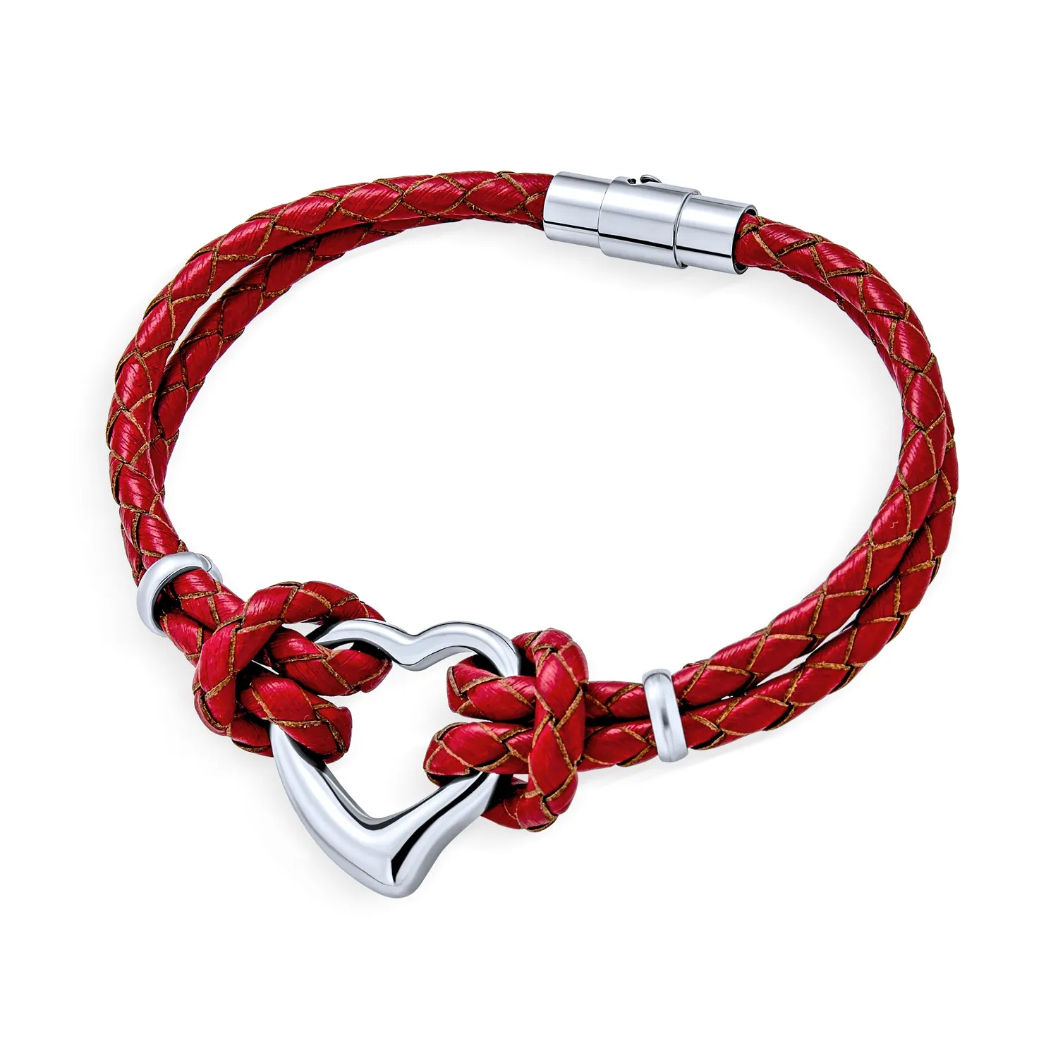 Set of 2 Red White Double Strand Braided Leather Bracelet Heart Charms Steel