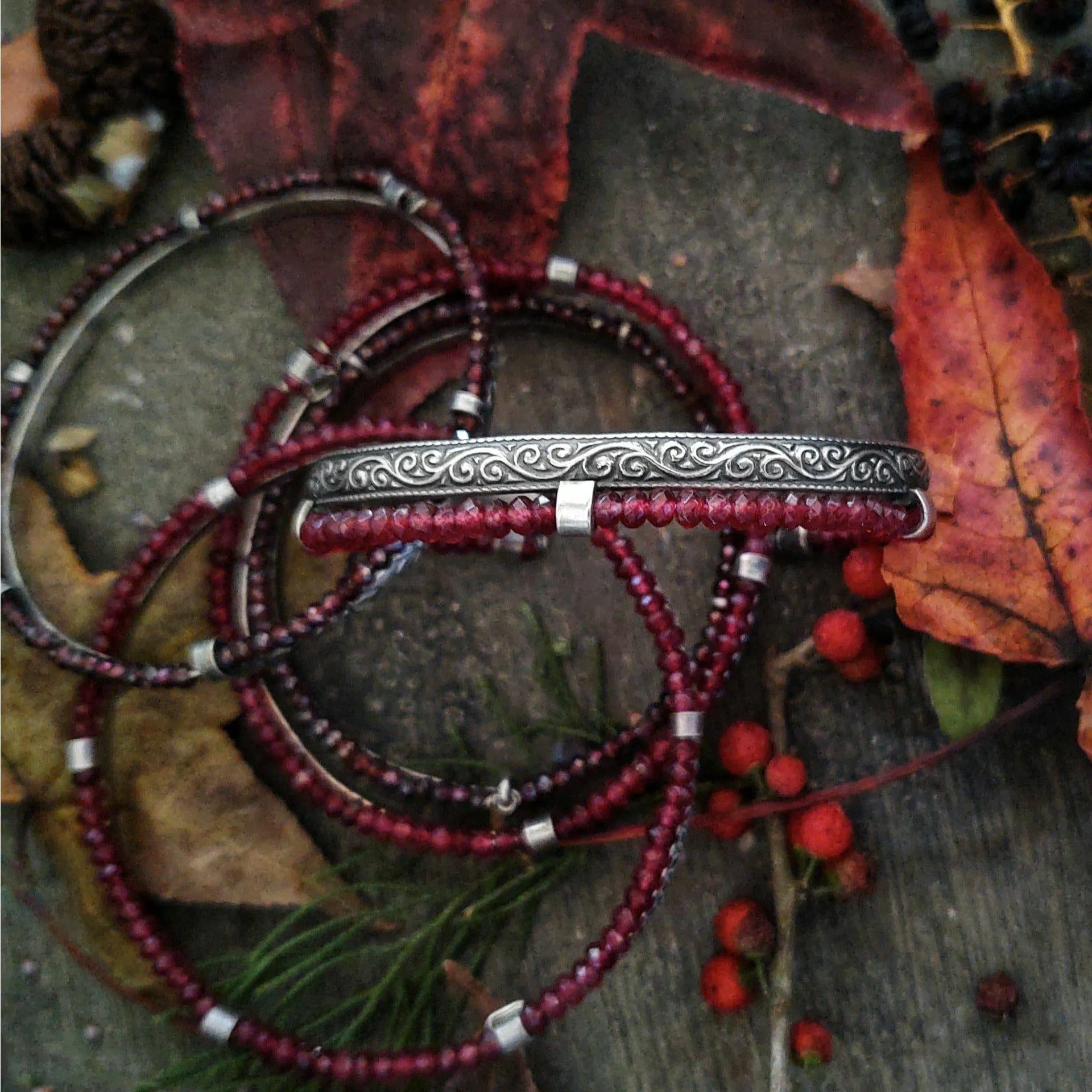 SHOWCASED GEMSTONE BANGLE - Sterling Silver Garnet Bangle Bracelet