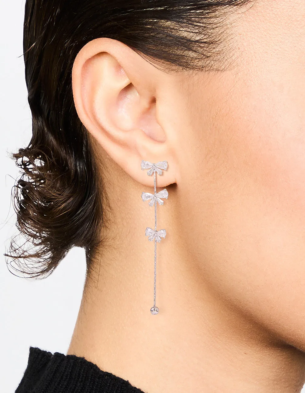 Silver Cubic Zirconia Mini Bow Drop Earrings