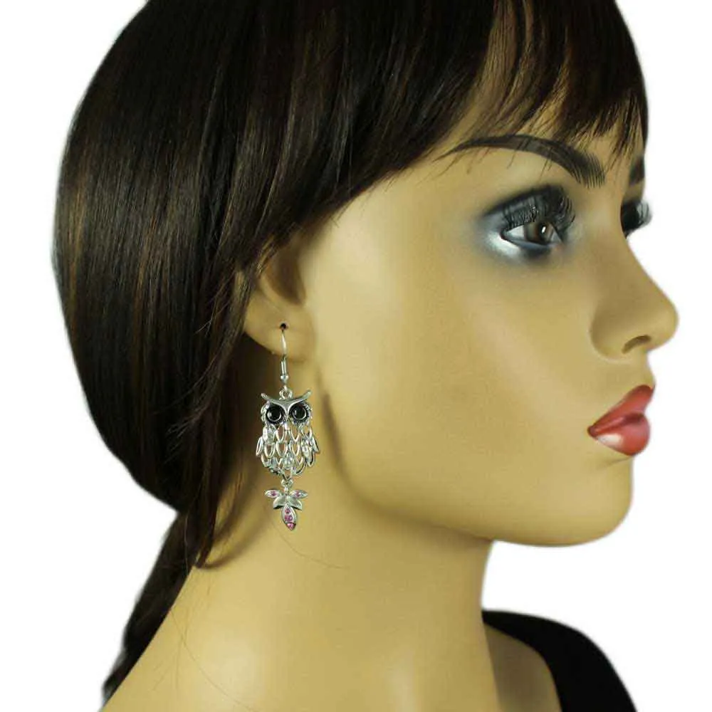 Silver Owl with Large Black Eyes Dangling Earring - RSN271E