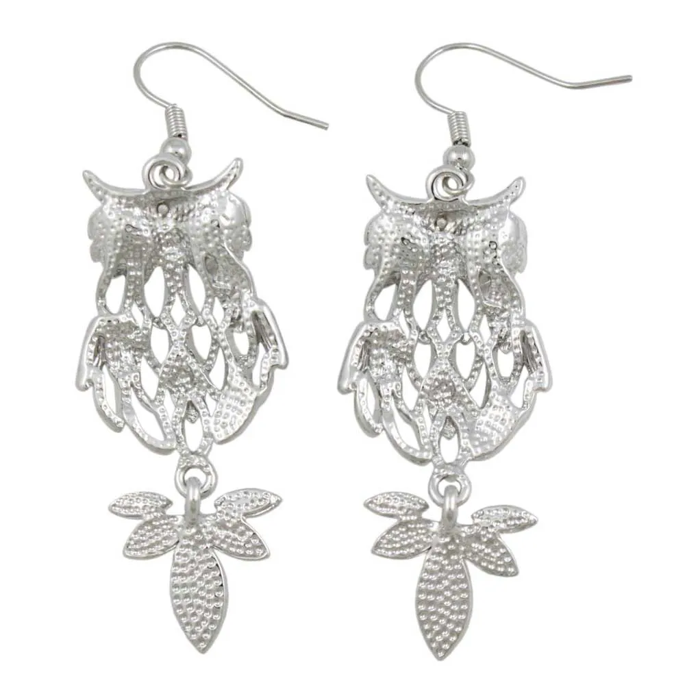 Silver Owl with Large Black Eyes Dangling Earring - RSN271E