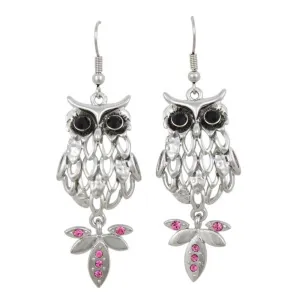 Silver Owl with Large Black Eyes Dangling Earring - RSN271E