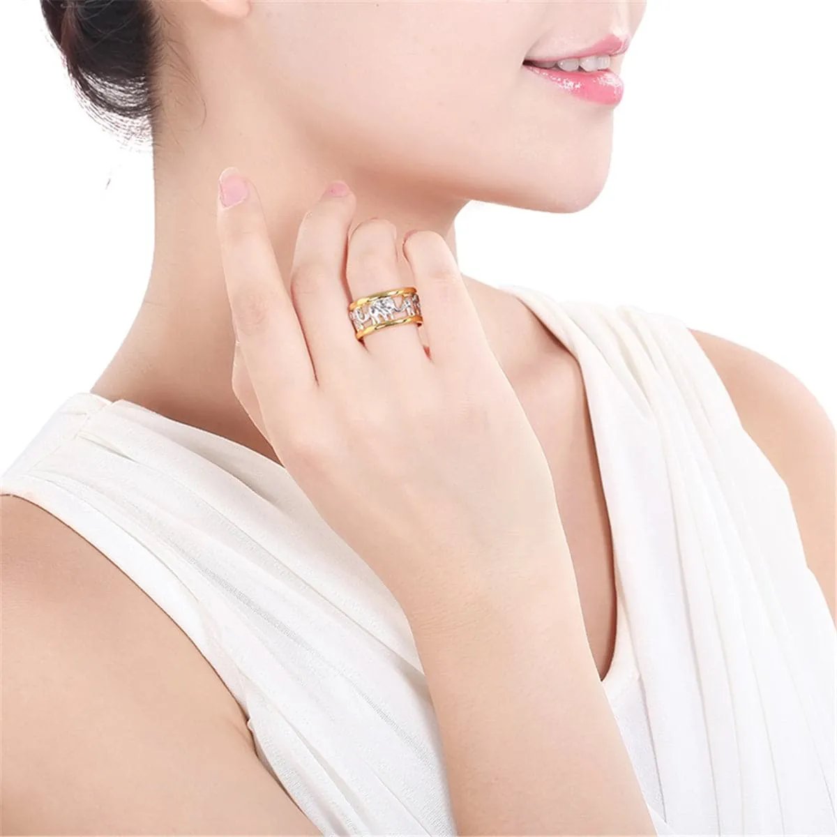 Silver-Plated & 18K Gold-Plated Elephant Band Ring