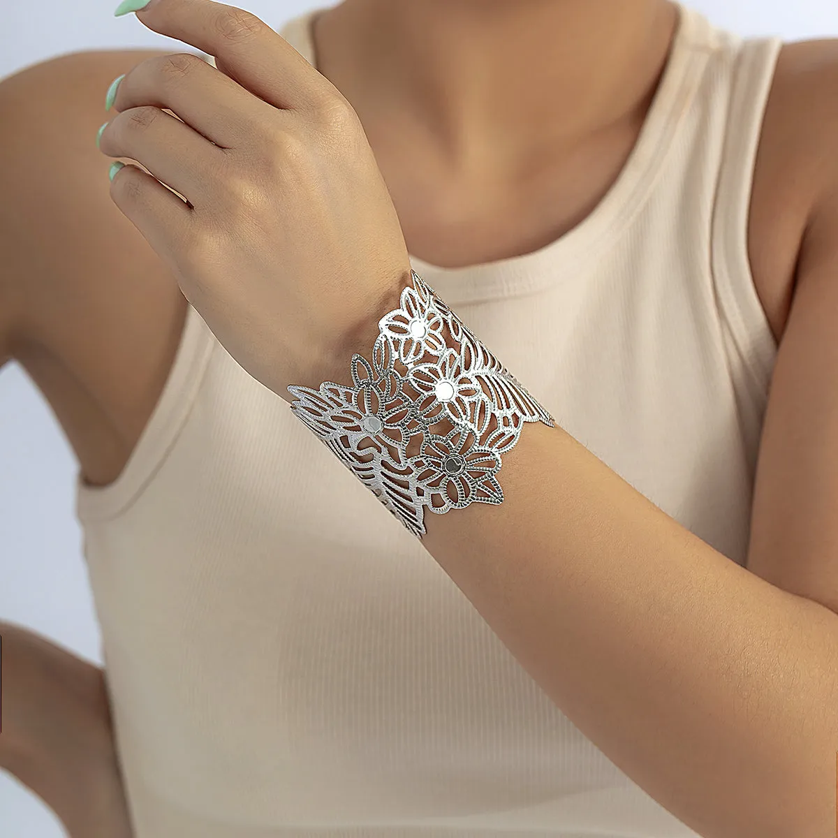 Silver-Plated Openwork Flower & Leaves Wrap Cuff Bracelet
