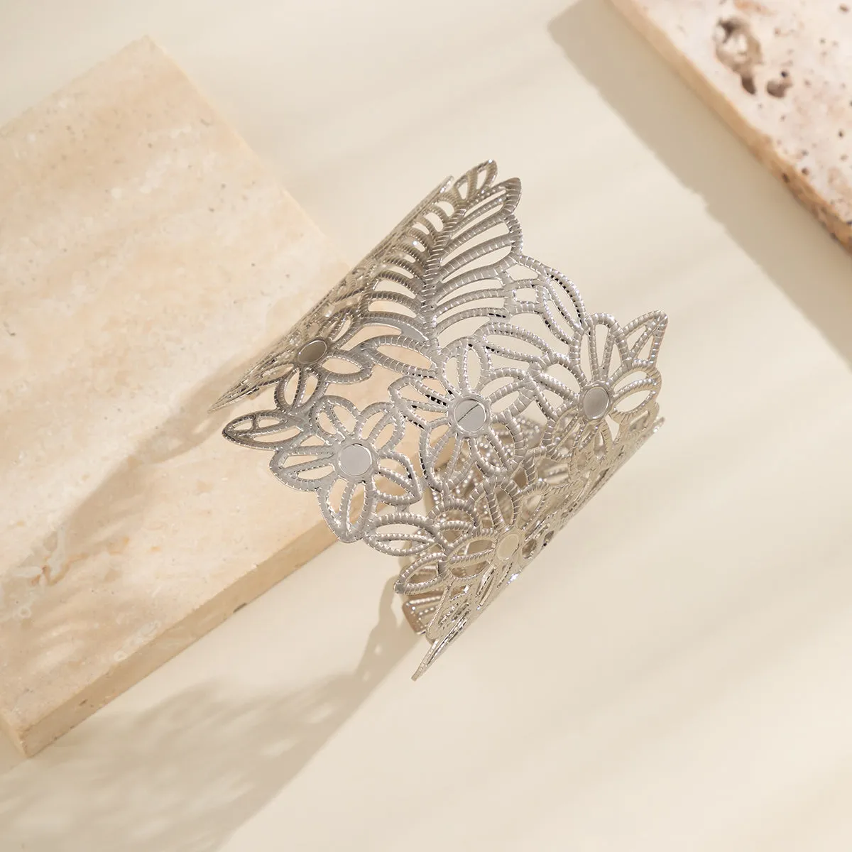 Silver-Plated Openwork Flower & Leaves Wrap Cuff Bracelet