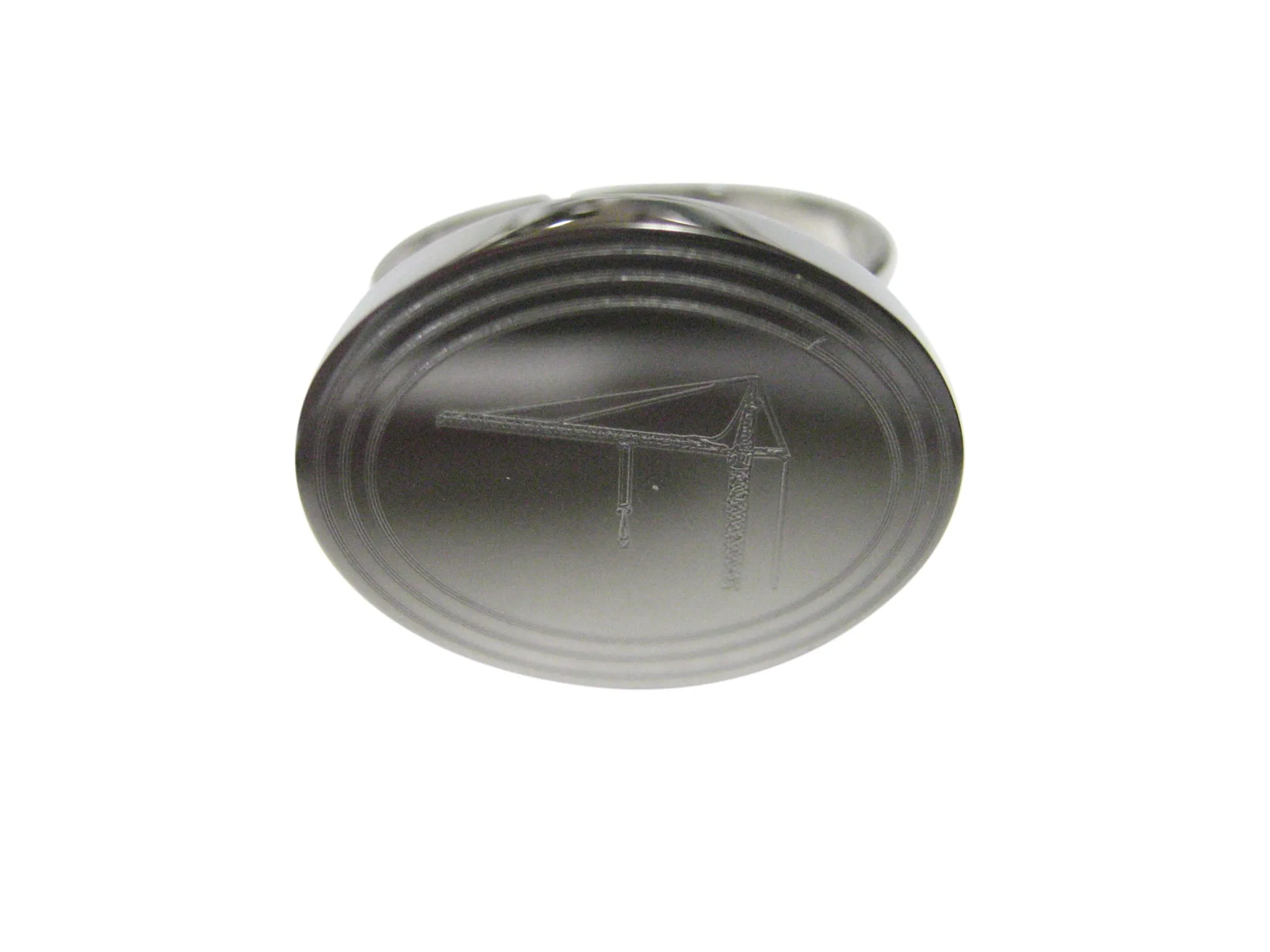 Silver Toned Etched Oval Construction Crane Adjustable Size Fashion Ring