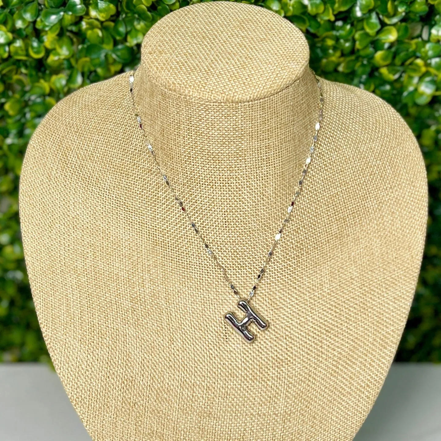 Silvertone Puff inital Necklace