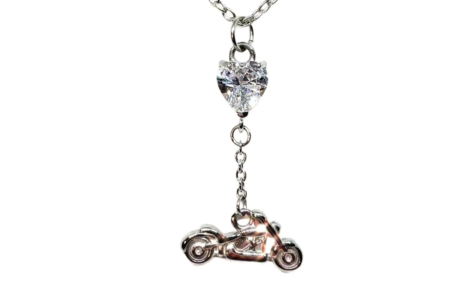 SK2707N Heart Crystal Motorcycle Necklace - Clear Stone