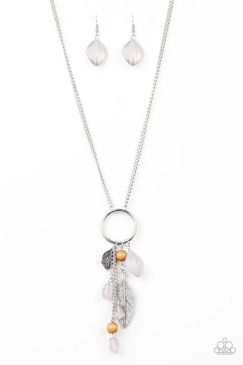 Sky High Style - Silver - Cloudy Bead, Brown Wooden Bead, Silver Feather Charm Paparazzi Long Necklace