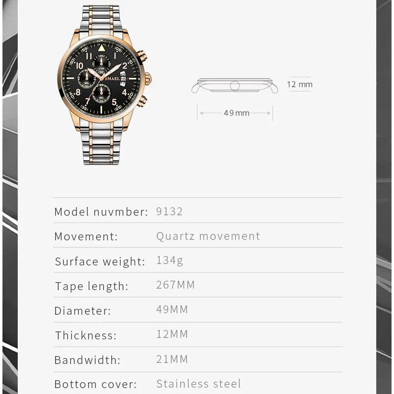 SMAEL Luxury Waterproof Watch Men Stainless Steel Business Quartz Wristwatch Fashion Casual Mens Sport Watches Relogio Masculino