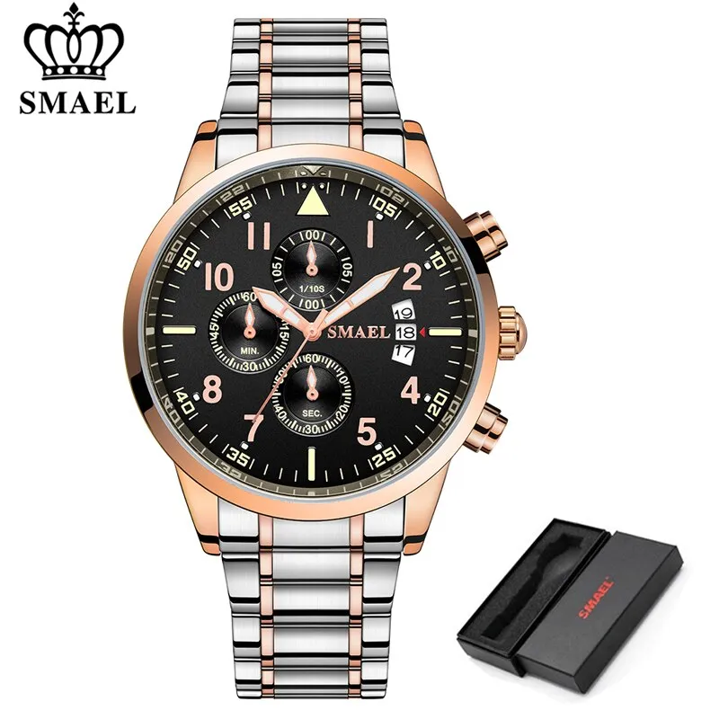 SMAEL Luxury Waterproof Watch Men Stainless Steel Business Quartz Wristwatch Fashion Casual Mens Sport Watches Relogio Masculino