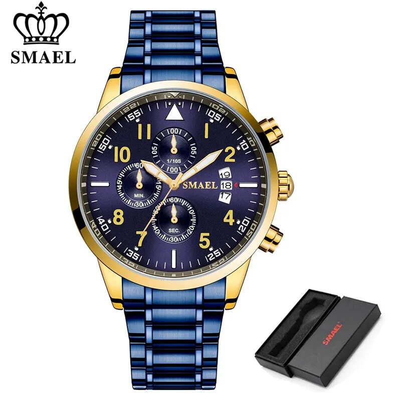 SMAEL Luxury Waterproof Watch Men Stainless Steel Business Quartz Wristwatch Fashion Casual Mens Sport Watches Relogio Masculino
