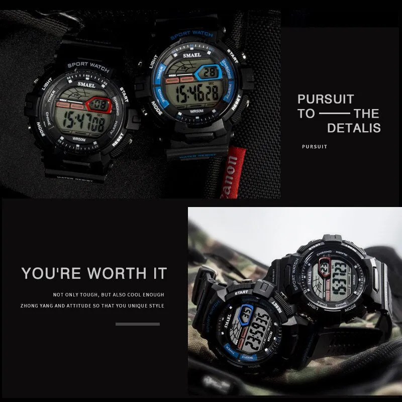 SMAEL Men Sport Casual Watchs Waterproof LED Display Luminous Stopwatch Alarm Shock Resistant Auto Date Watch Army Watches