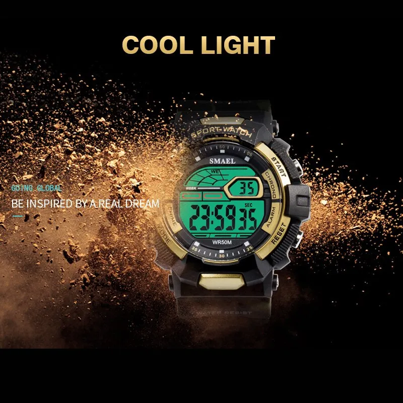 SMAEL Men Sport Casual Watchs Waterproof LED Display Luminous Stopwatch Alarm Shock Resistant Auto Date Watch Army Watches