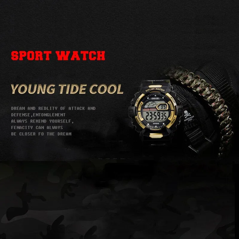 SMAEL Men Sport Casual Watchs Waterproof LED Display Luminous Stopwatch Alarm Shock Resistant Auto Date Watch Army Watches