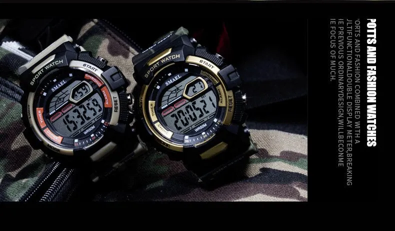 SMAEL Men Sport Casual Watchs Waterproof LED Display Luminous Stopwatch Alarm Shock Resistant Auto Date Watch Army Watches