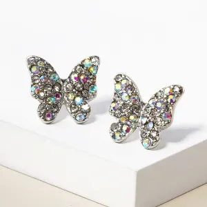Small AB Rhinestone Butterfly Stud Pageant Earrings on Silver | Crystal Earrings for Little Girls | 152186