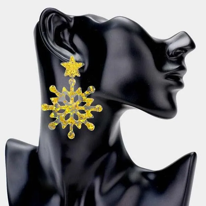 Snowflake Gold Glittered Star Resin Dangle Earrings