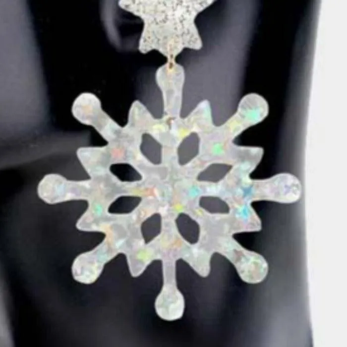Snowflake Silver Glittered Star Resin Dangle Earrings