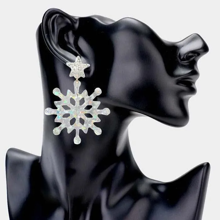 Snowflake Silver Glittered Star Resin Dangle Earrings