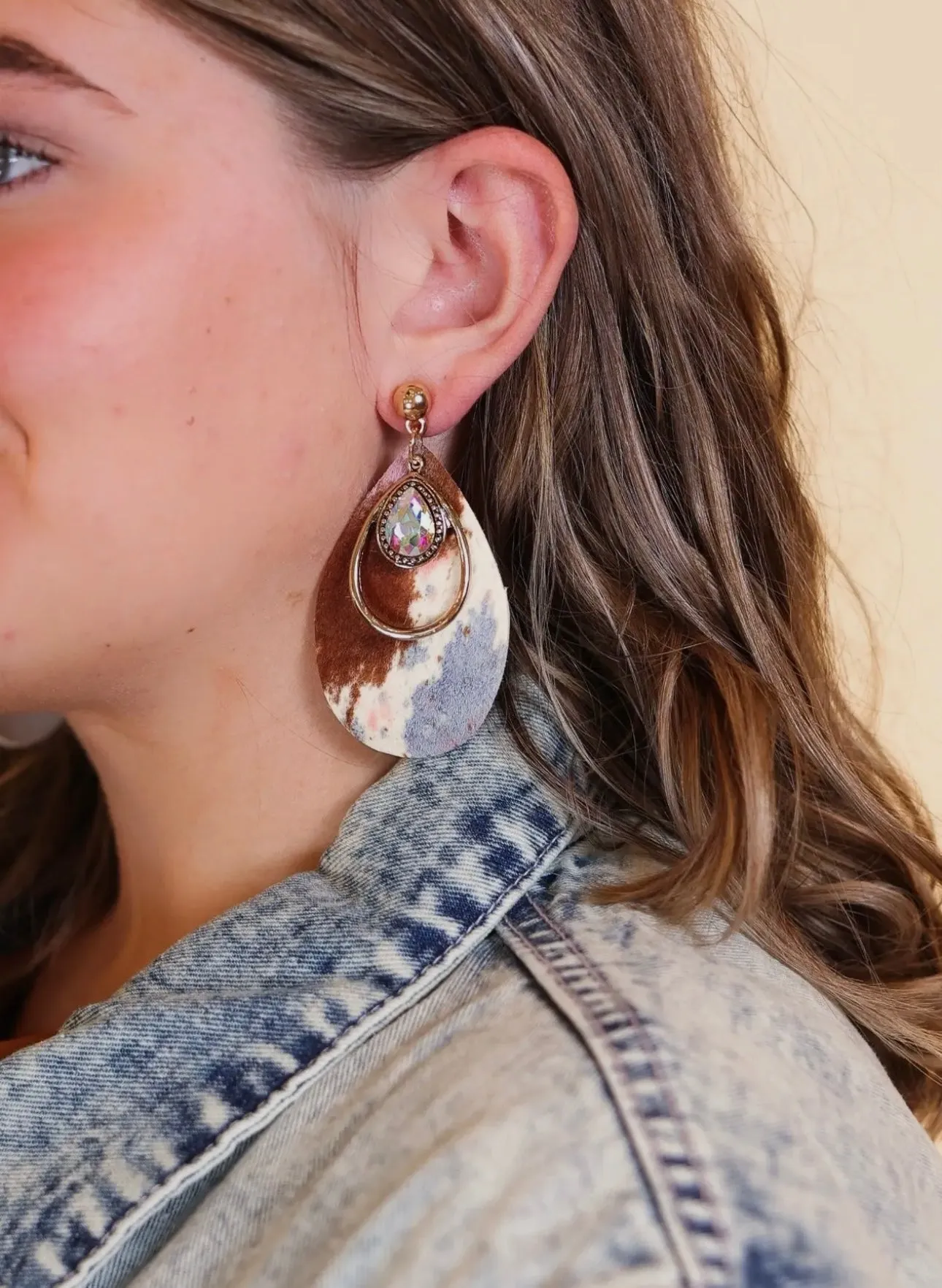 Space Cowgirl Pastel Cowhide Teardrop Crystal Stud Earrings