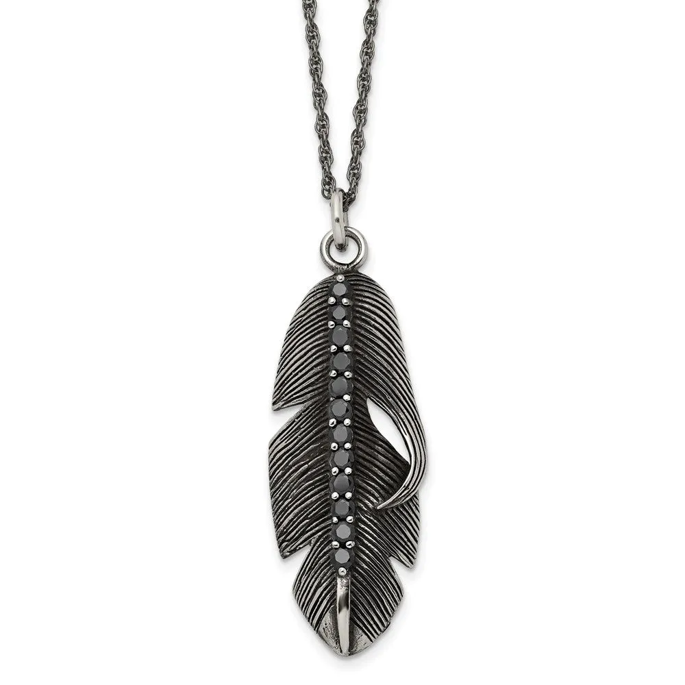 Stainless Steel Antiqued & Polished w/Black CZ Feather 20in Necklace