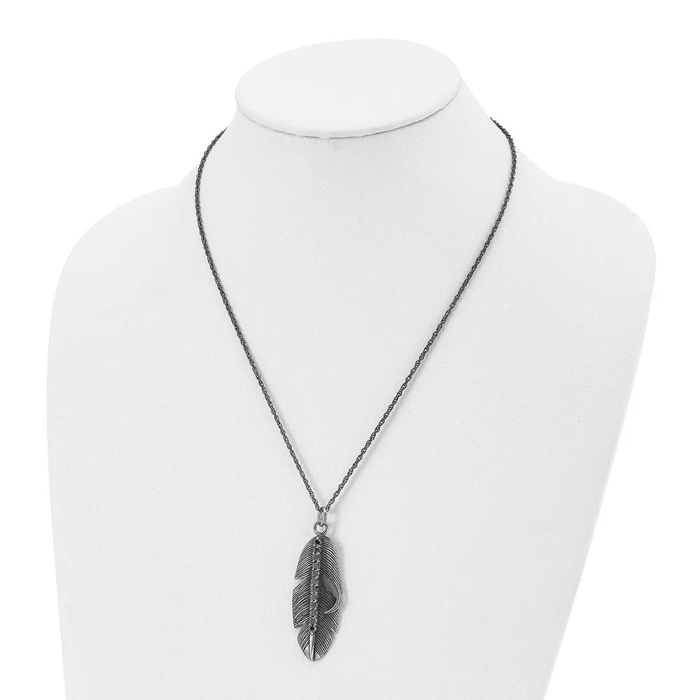 Stainless Steel Antiqued & Polished w/Black CZ Feather 20in Necklace