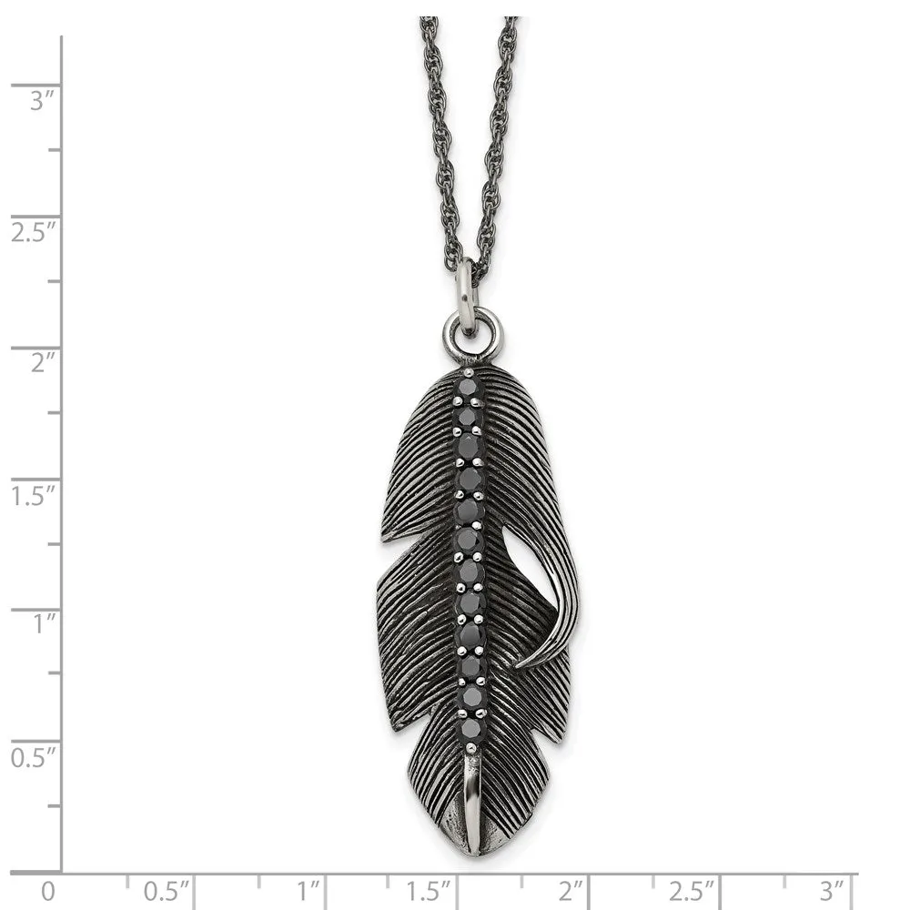 Stainless Steel Antiqued & Polished w/Black CZ Feather 20in Necklace