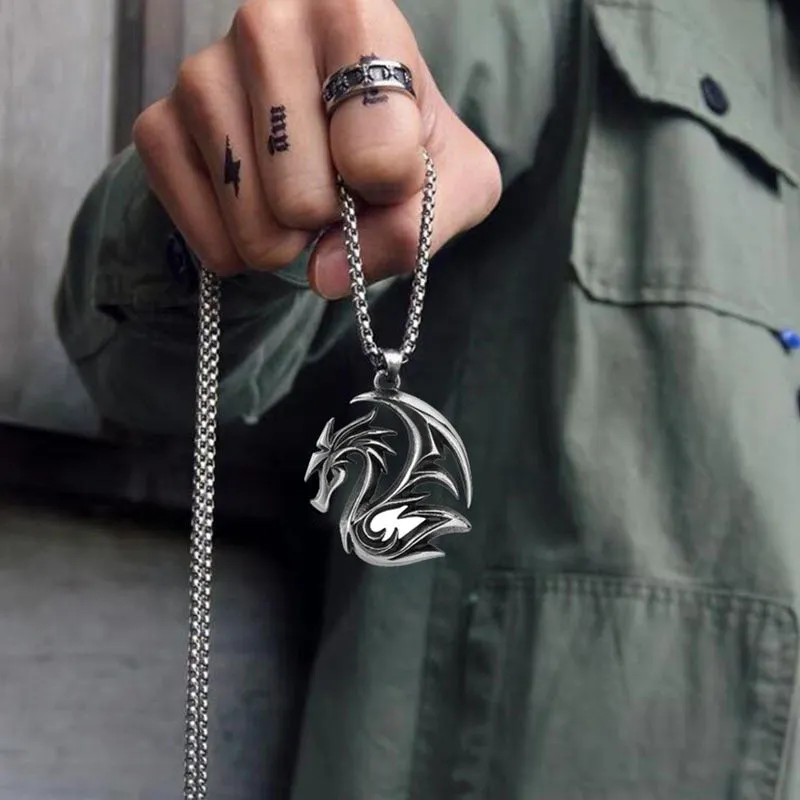 Stainless Steel Hip Hop Feather Spike Dragon Pendant Mens Necklace