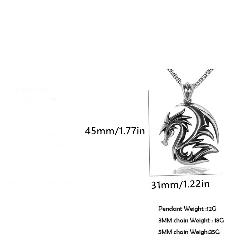 Stainless Steel Hip Hop Feather Spike Dragon Pendant Mens Necklace