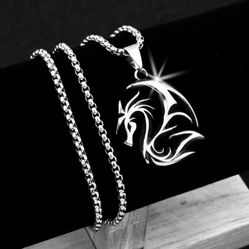 Stainless Steel Hip Hop Feather Spike Dragon Pendant Mens Necklace