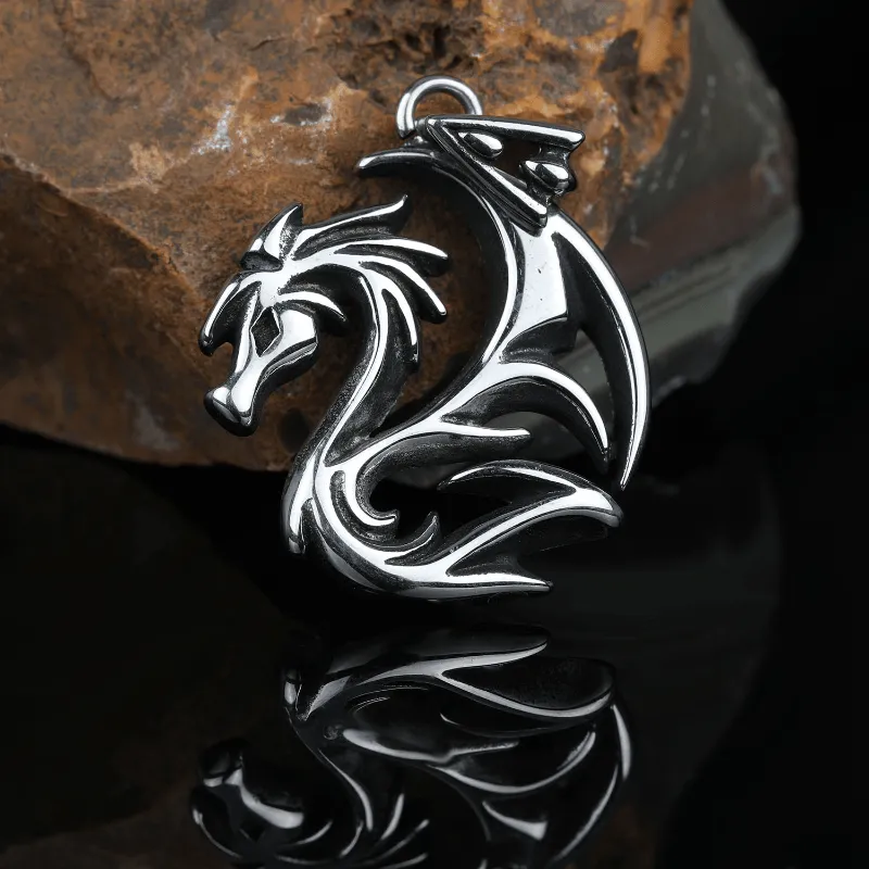 Stainless Steel Hip Hop Feather Spike Dragon Pendant Mens Necklace