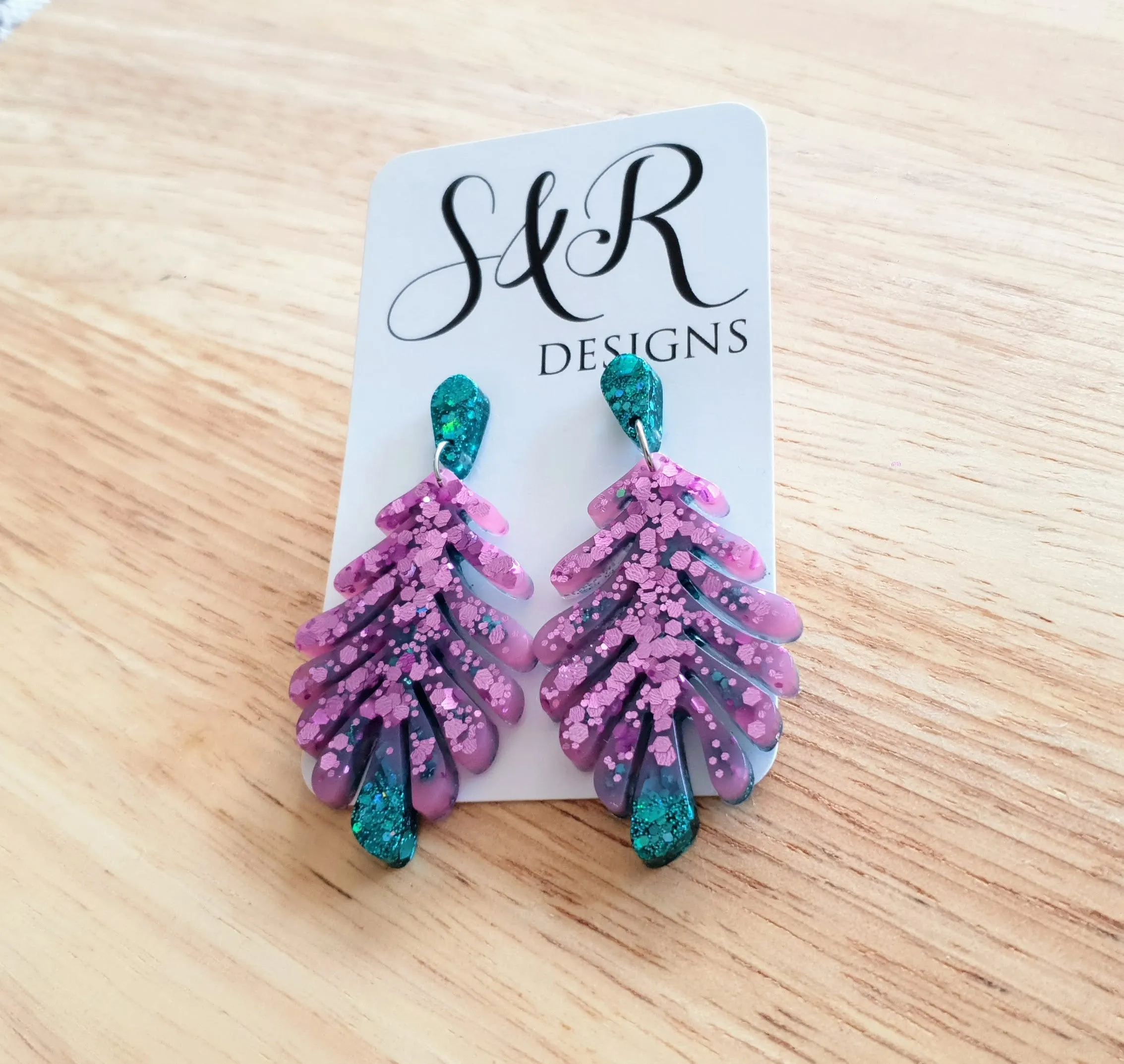 Statement Earrings, Pink Green Flower Leaves Dangle Drop Earrings, Handmade Glitter Resin Dangles, Stainless Steel