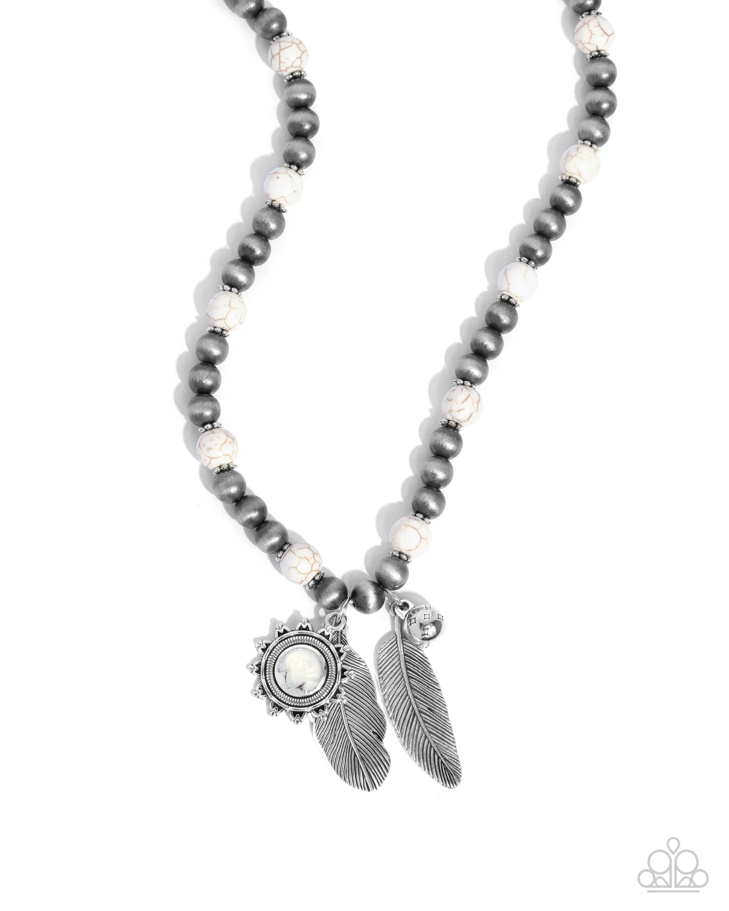 Steady Stones - White - Stone Bead Silver Flower Bead and Feather Pendant Paparazzi Short Necklace