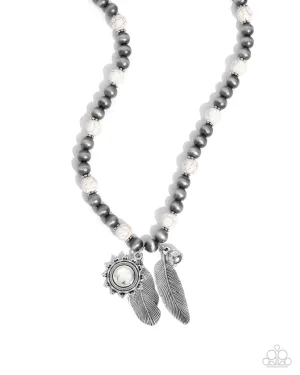 Steady Stones - White - Stone Bead Silver Flower Bead and Feather Pendant Paparazzi Short Necklace
