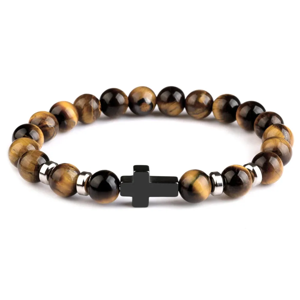 Steel Cross Bracelet with Lava Bead Charm