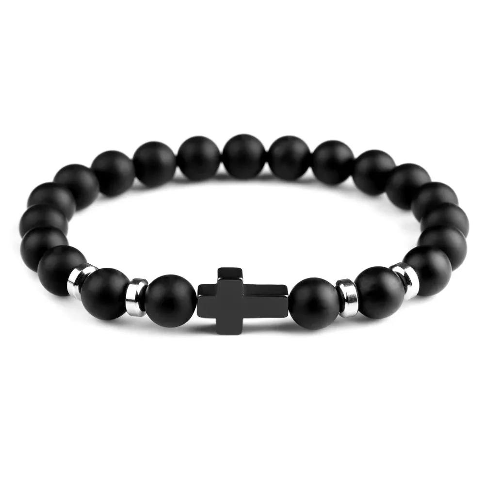 Steel Cross Bracelet with Lava Bead Charm