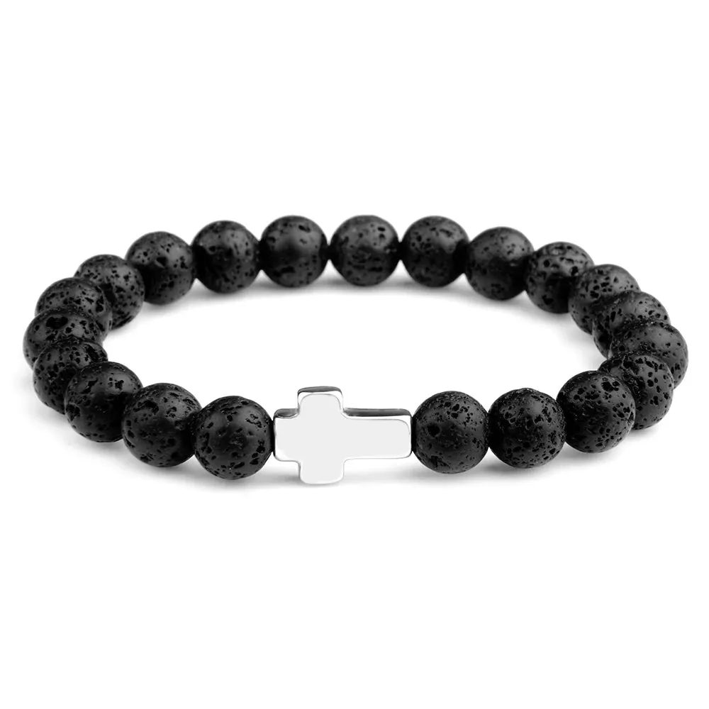 Steel Cross Bracelet with Lava Bead Charm