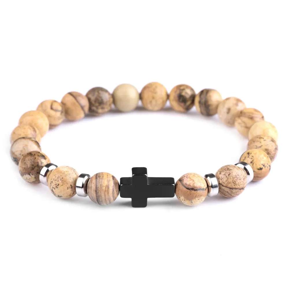 Steel Cross Bracelet with Lava Bead Charm