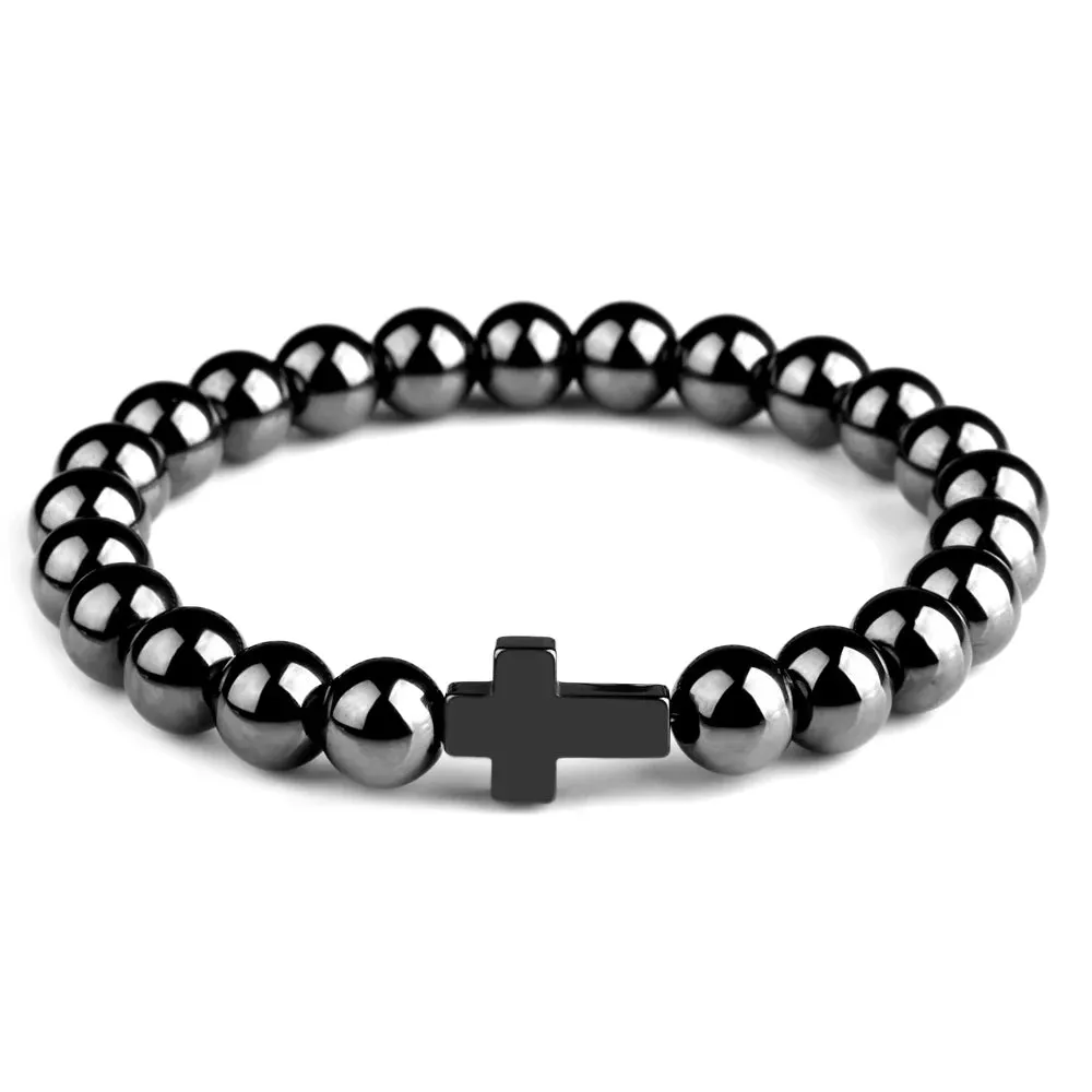 Steel Cross Bracelet with Lava Bead Charm