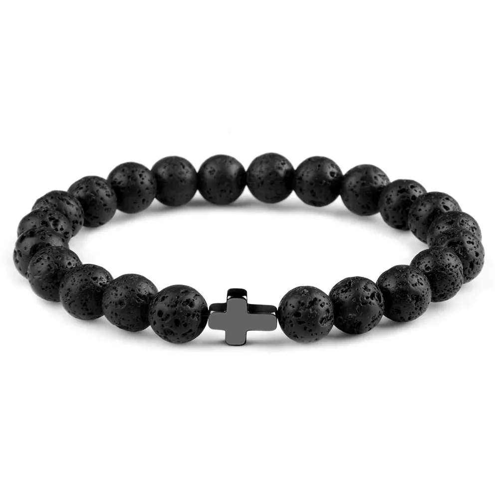 Steel Cross Bracelet with Lava Bead Charm