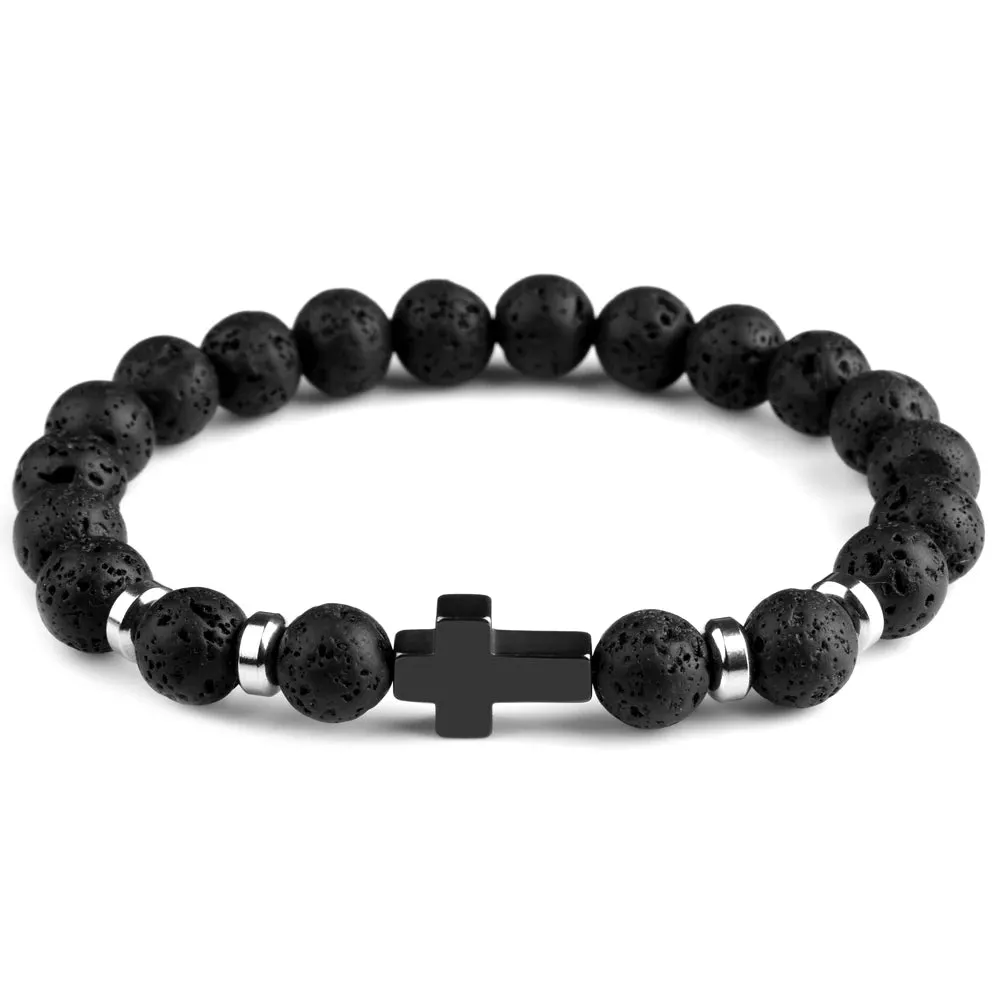 Steel Cross Bracelet with Lava Bead Charm