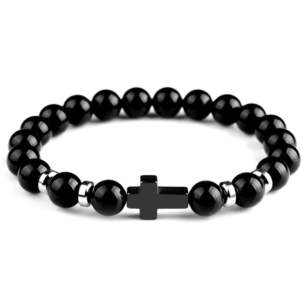 Steel Cross Bracelet with Lava Bead Charm