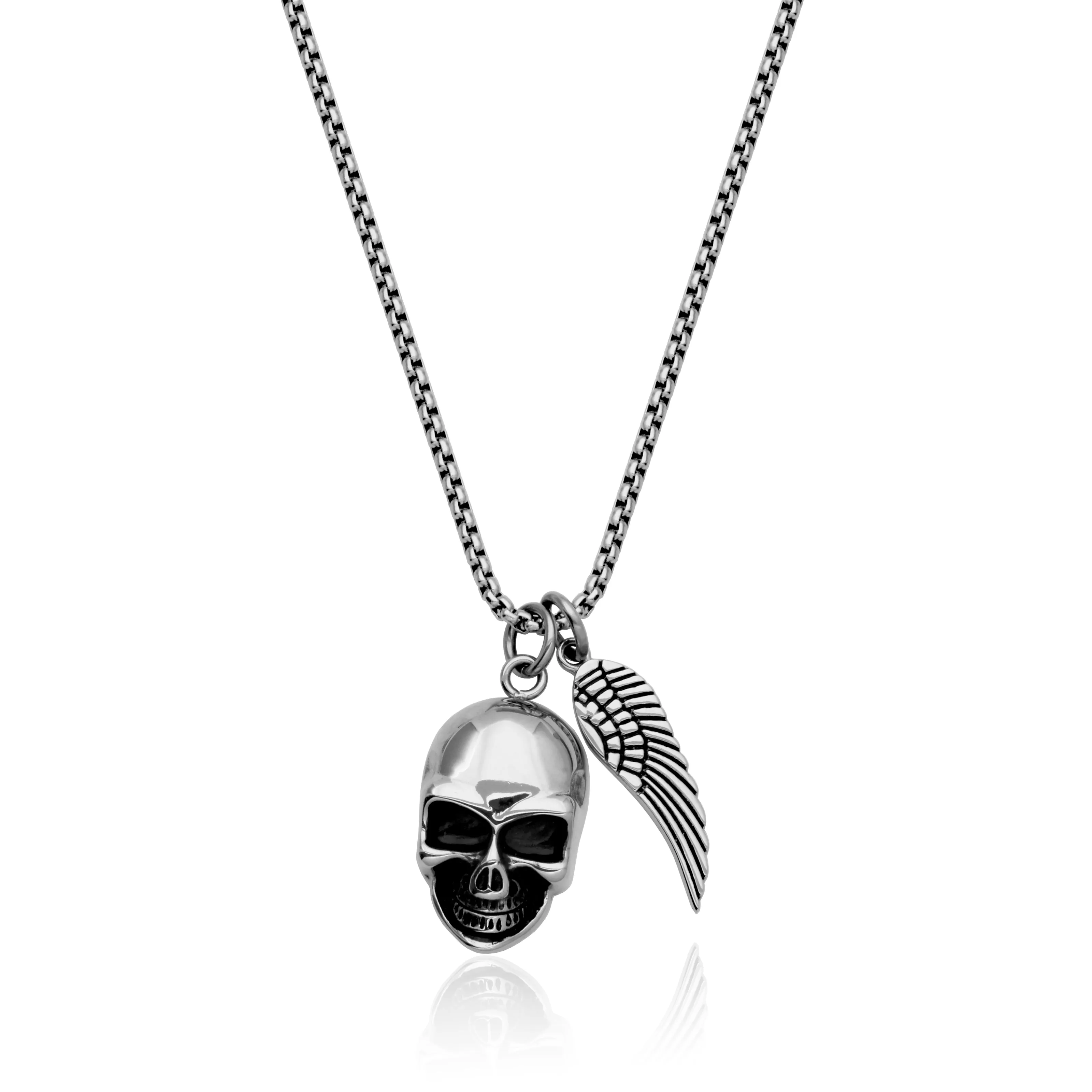 Steelx Stainless Steel Skull and Feather Necklace 22"