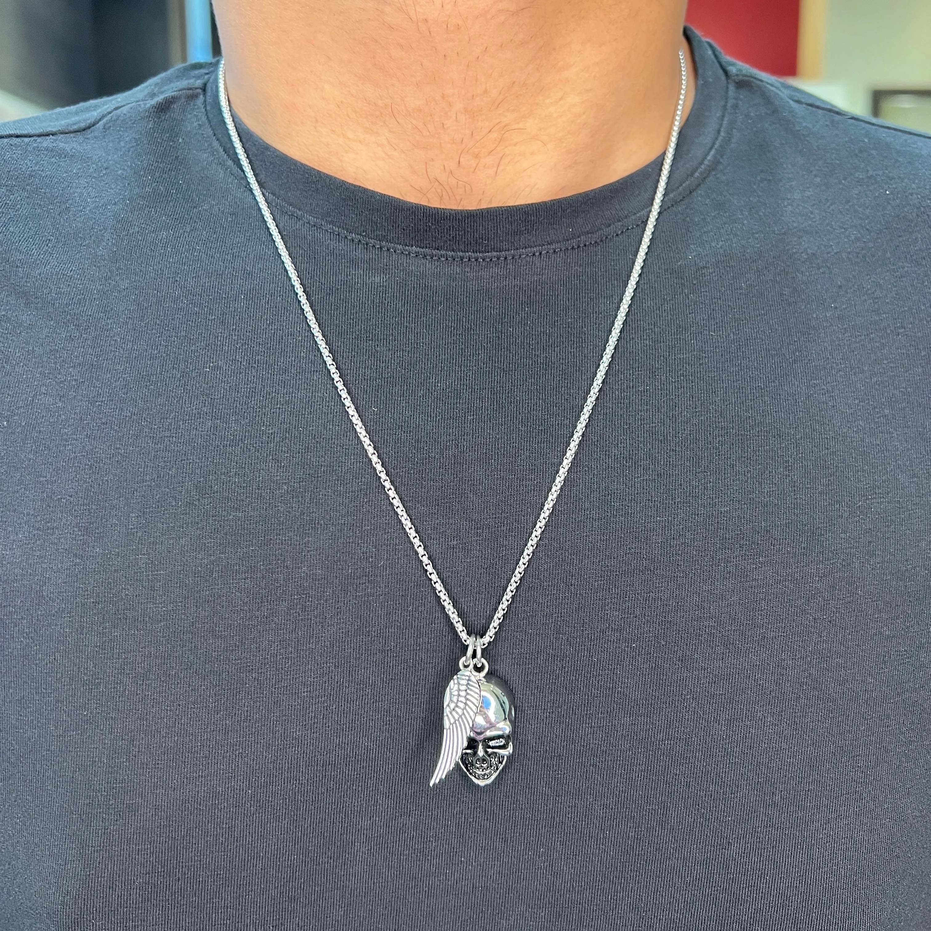 Steelx Stainless Steel Skull and Feather Necklace 22"