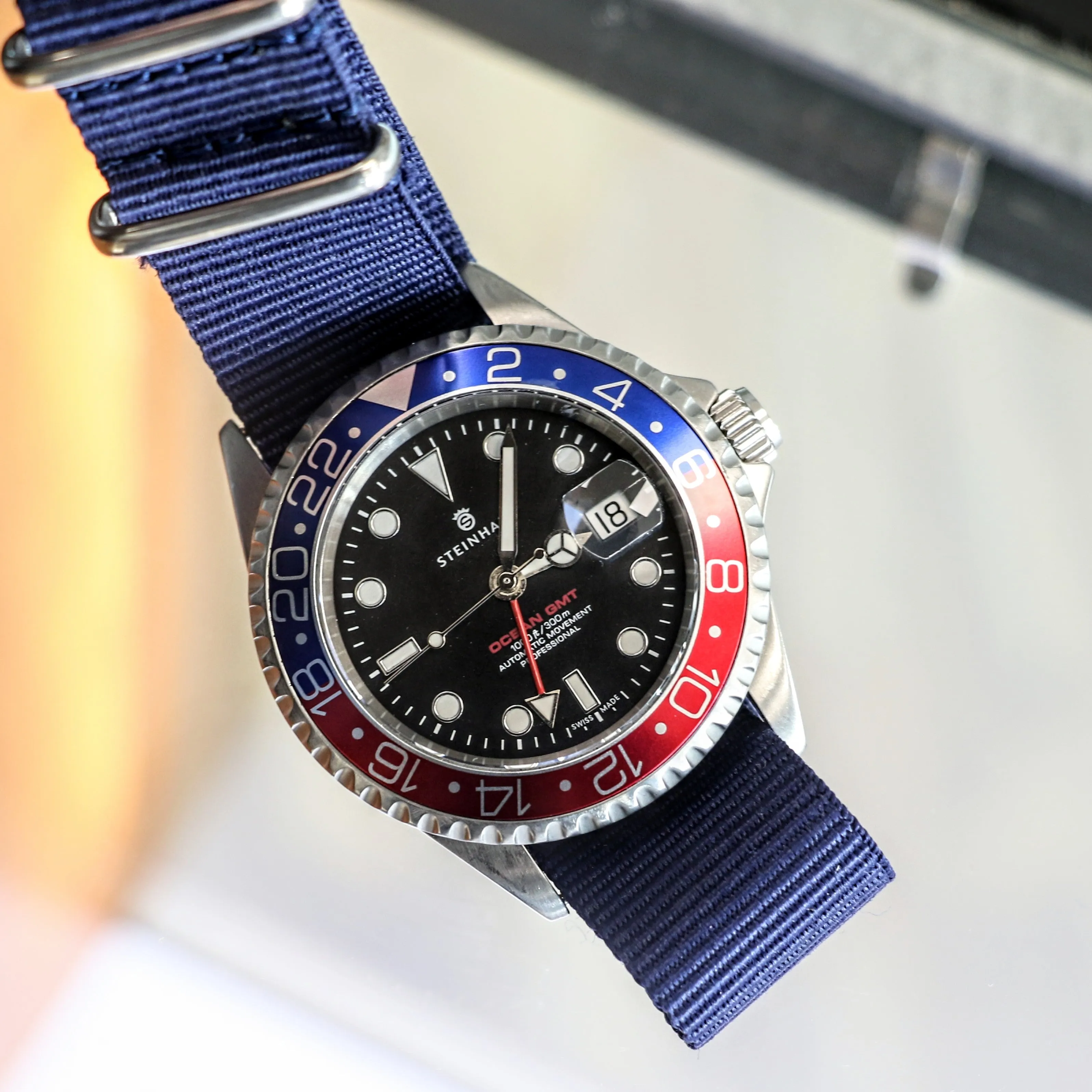 STEINHART Ocean One GMT Automatic Watch 21 Jewels ETA 2893-2 BLUE-RED Pepsi Bezel Diver Wristwatch Swiss