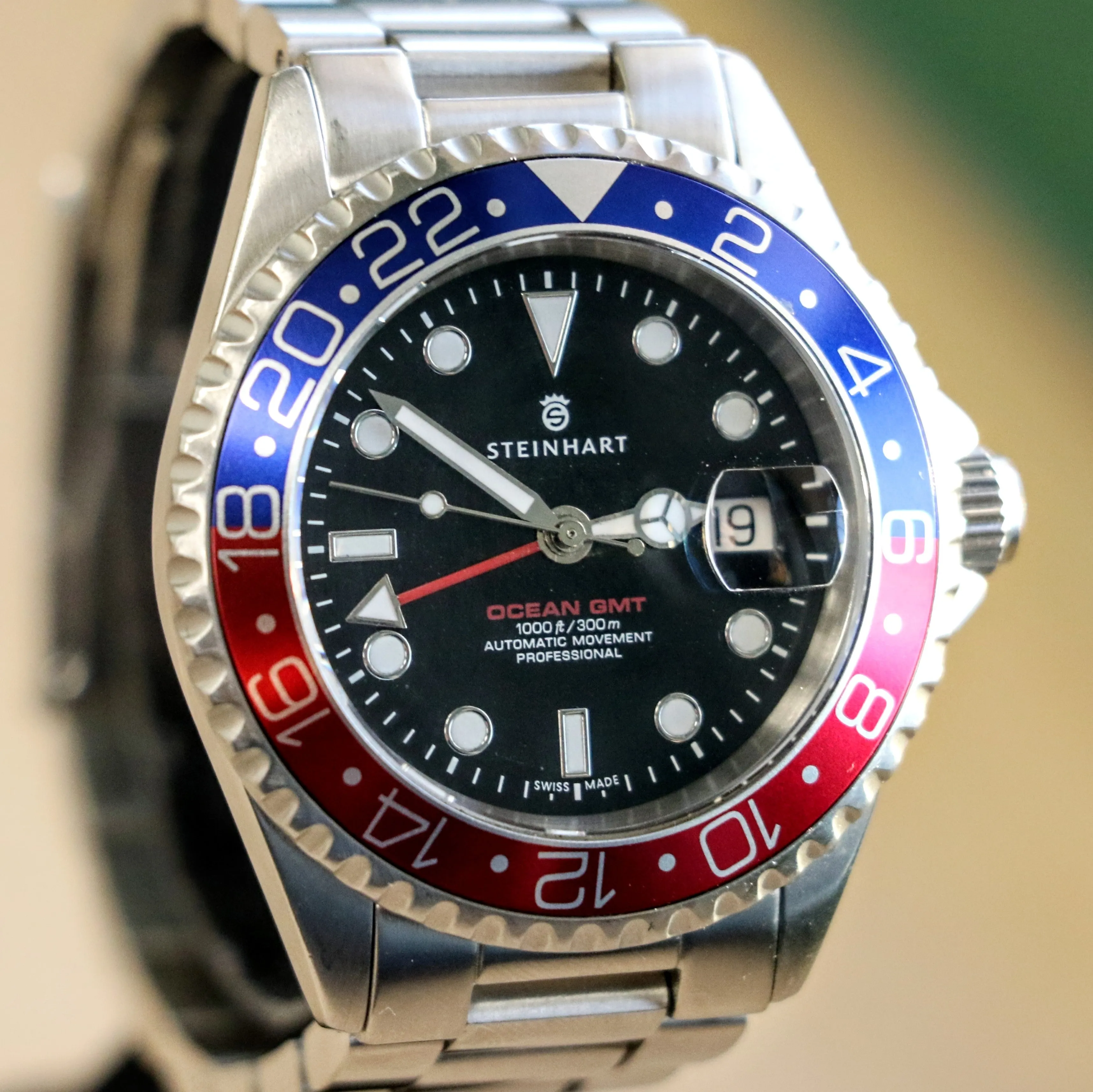 STEINHART Ocean One GMT Automatic Watch 21 Jewels ETA 2893-2 BLUE-RED Pepsi Bezel Diver Wristwatch Swiss